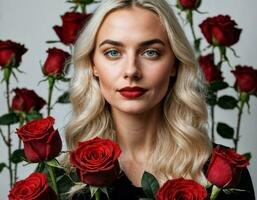 foto van mooi vrouw in blond haar- kleur met rood roos achtergrond, generatief ai