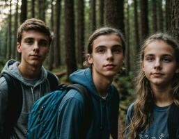 foto groep van tiener- net zo een backpacker in de donker hout, generatief ai