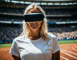 foto van mooi vrouw met vr bril koptelefoon Bij stadion sport arena, generatief ai