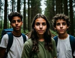 foto groep van tiener- net zo een backpacker in de donker hout, generatief ai