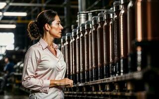 foto van werken ondernemer vrouw Bij fabriek met machine en arbeider, generatief ai