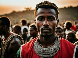 foto van Afrikaanse Mens tribal krijgers met schild, generatief ai