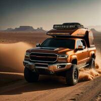 foto van vrachtauto in heet zand woestijn, generatief ai