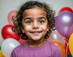 foto fotoshoot van kind met ballonnen Aan wit achtergrond, generatief ai