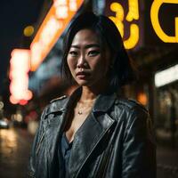 foto van Aziatisch vrouw Bij straat nacht met licht, generatief ai