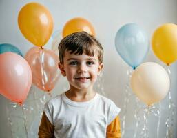 foto fotoshoot van kind met ballonnen Aan wit achtergrond, generatief ai