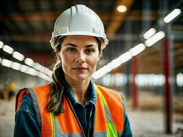 foto van vrouw net zo een bouw arbeider met helm, generatief ai