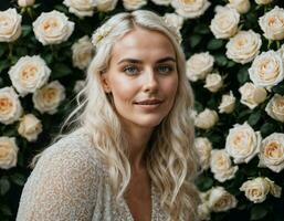 foto van mooi vrouw in blond haar- kleur met wit roos achtergrond, generatief ai