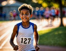 foto van jongen kinderen rennen ras sport Bij school, generatief ai