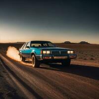 foto van auto in heet zand woestijn, generatief ai