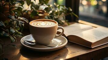 een kop van koffie met boek en pen Aan de houten tafel ai gegenereerd foto