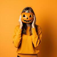 portret van een vrouw met pompoen hoofd. grappig jong meisje staand geïsoleerd Aan een geel achtergrond, Holding een gesneden oranje pompoen en schuilplaats haar gezicht achter het. halloween concept. generatief ai foto