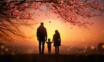 gelukkig familie, vader, moeder, zoon en dochter in natuur, zonsondergang. familie silhouet Bij zonsondergang staand Aan top van heuvel. generatief ai foto