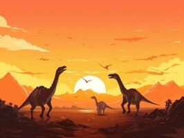 een sereen prehistorisch zonsondergang, majestueus dinosaurussen Aan de vlak. Doorzichtig silhouetten tegen de kleurrijk lucht foto