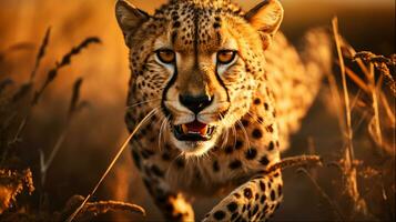 Jachtluipaard rennen in Afrikaanse wild dier fotografie, generatief ai foto