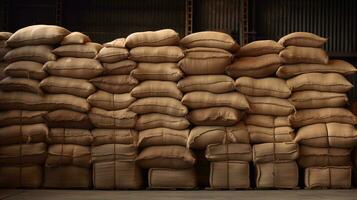 generatief ai, stack hennep zakken van rijst- of koffie, industrieel opslagruimte foto