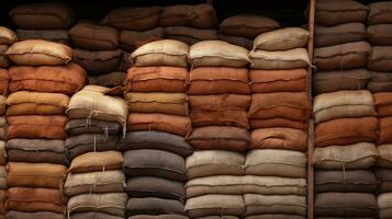 generatief ai, stack hennep zakken van rijst- of koffie, industrieel opslagruimte foto