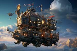 drijvend steampunk constructies in een starlit lucht foto