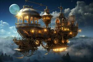 drijvend steampunk constructies in een starlit lucht foto