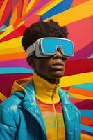 illustratie van een mode portret vervelend een virtueel realiteit vr hoofdtelefoon. ai gegenereerd. foto