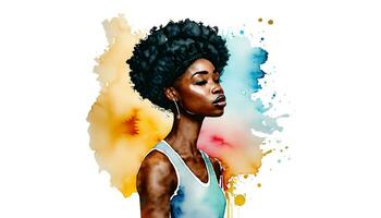 waterverf kunst, portret van mooi jong model. Afrikaanse Dames met afro kapsel. ai generatief foto
