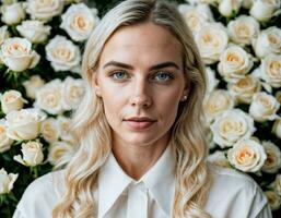 foto van mooi vrouw in blond haar- kleur met wit roos achtergrond, generatief ai