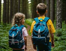 foto groep van kinderen net zo een backpacker in de donker hout, generatief ai