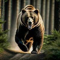 foto van groot boos grizzly beer rennen in de oerwoud, generatief ai