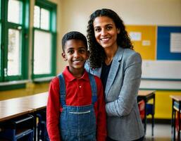 foto van gelukkig leraar en kinderen Bij school- kamer, generatief ai