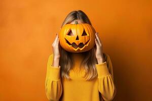 portret van een vrouw met pompoen hoofd. grappig jong meisje staand geïsoleerd Aan een geel achtergrond, Holding een gesneden oranje pompoen en schuilplaats haar gezicht achter het. halloween concept. generatief ai foto