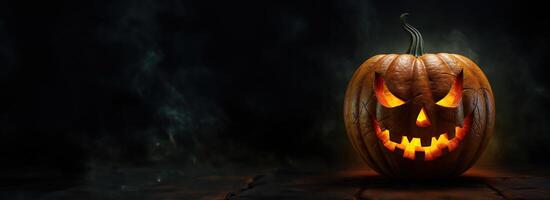 halloween pompoen hoofd jack-o-lantern Aan donker achtergrond. generatief ai foto