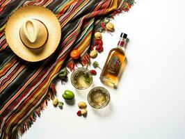 vieren cinco de mayo met deze pret en feestelijk top verticaal visie van een sombrero, poncho, en maracas, plus tequila schoten, limoen wiggen, Chili paprika's Aan wit achtergrond met kopieerruimte. generatief ai foto