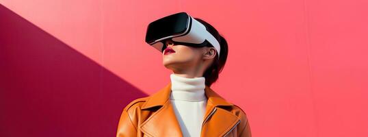 illustratie van een persoon vervelend een virtueel realiteit vr koptelefoon, ai gegenereerd. foto