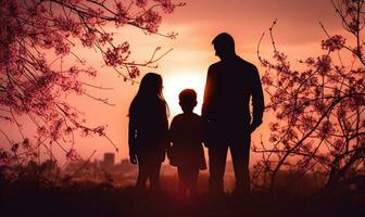 gelukkig familie, vader, moeder, zoon en dochter in natuur, zonsondergang. familie silhouet Bij zonsondergang staand Aan top van heuvel. generatief ai foto