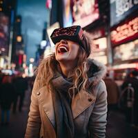 illustratie van een persoon vervelend een virtueel realiteit vr koptelefoon, ai gegenereerd. foto