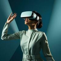 illustratie van een persoon vervelend een virtueel realiteit vr koptelefoon, ai gegenereerd. foto