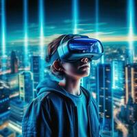 illustratie van een persoon vervelend een virtueel realiteit vr koptelefoon, ai gegenereerd. foto