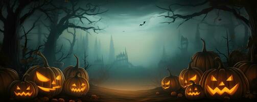 halloween groet kaart met vol maan, wit geest, pompoen, knuppel en droog boom . ai gegenereerd foto