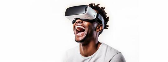 illustratie van een persoon vervelend een virtueel realiteit vr koptelefoon, ai gegenereerd. foto