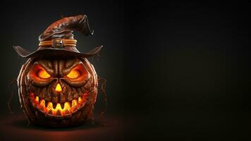 halloween pompoen hoofd jack-o-lantern Aan donker achtergrond. generatief ai foto