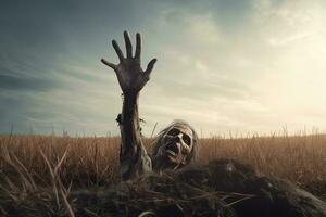 zombie hand- stijgende lijn uit van een begraafplaats in spookachtig nacht. halloween concept. generatief ai foto