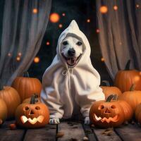 hond vervelend een geest kostuum zittend tussen pompoenen voor halloween in herfst achtergrond. generatief ai foto