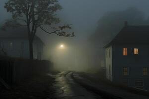 leeg verlichte geest stad- straat lampen verlichting omhoog de weg door de bomen en dorp in een mist Aan een regenachtig herfst dag, straat lantaarns. Engels platteland scènes. generatief ai foto