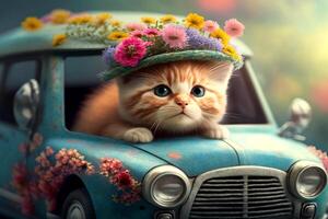 schattig katje vervelend bloem hoed het rijden retro auto. generatief ai foto