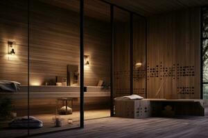 voorkant visie van leeg Fins sauna kamer. modern interieur van houten spa cabine met droog stoom. foto