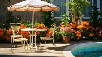 cafe tafel met stoel en parasol paraplu in de tuin foto