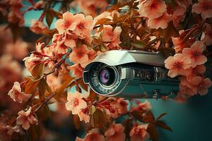 veiligheid camera in voorkant van huis met bloemen in de voorgrond. foto