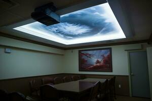 overhead digitaal projector gemonteerd Aan de plafond van de bestuurskamer. foto