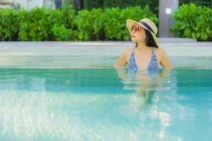 mooie jonge aziatische vrouwen gelukkige glimlach ontspannen rond het buitenzwembad in het hotelresort voor reizen in vakantievakantie foto