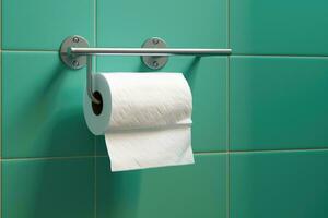 een wit rollen van zacht toilet papier netjes hangende Aan een modern chroom houder. foto